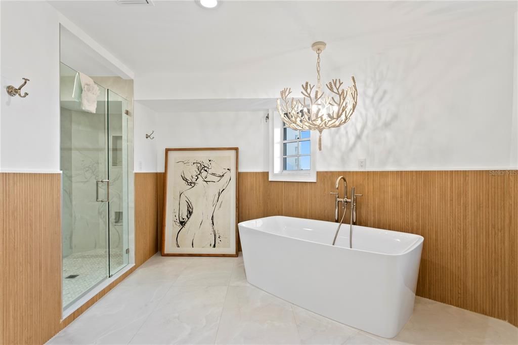 Bathroom, Chandelier, Free Standing Baths, Glass Shower, Interior, Marble Walls, Recessed Lighting