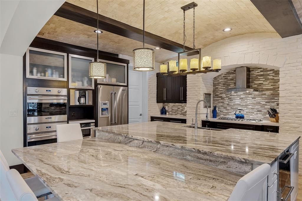 Interior, Kitchen, Pendant Lights, Recessed Lighting, Stainless Steel Appliances, Stone Walls