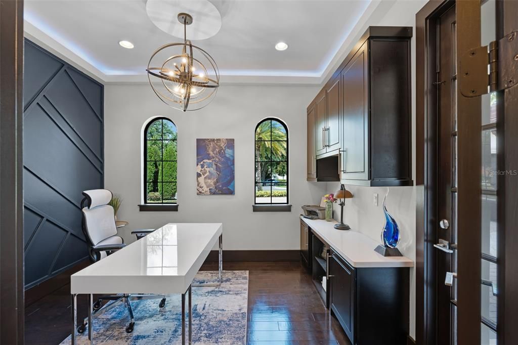 Home Office, Interior, Pendant Lights, Recessed Lighting, Wood Texture Flooring
