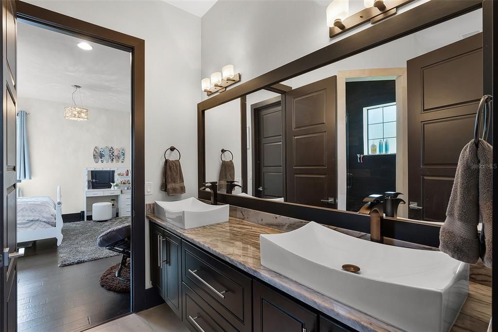 Bathroom, Dual Sink Vanities, Interior, Pendant Lights, Recessed Lighting, Wood Texture Flooring