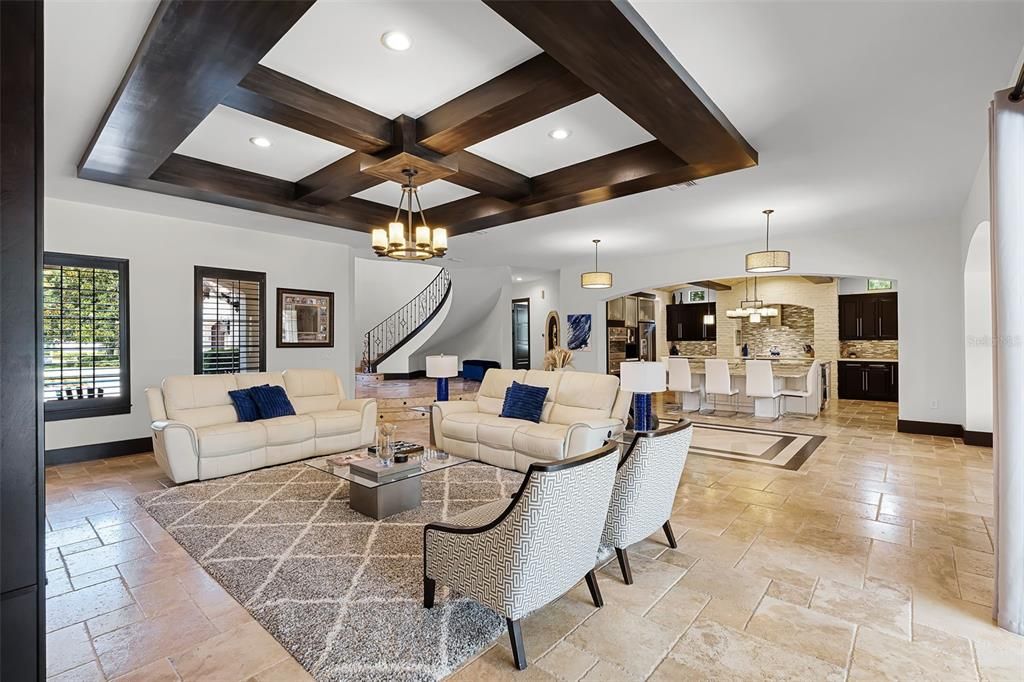 Chandelier, Dining room, Interior, Kitchen, Living room, Pendant Lights, Recessed Lighting, Wooden Beams