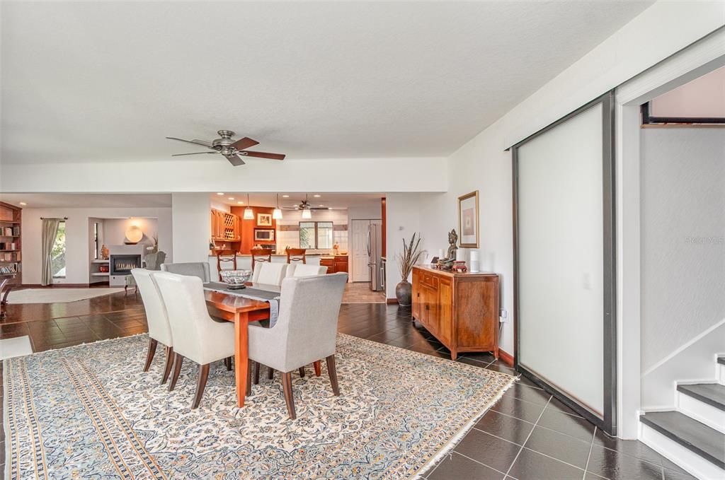 Dining room, Fireplace, Interior, Kitchen, Pendant Lights, Recessed Lighting, Wood Texture Flooring
