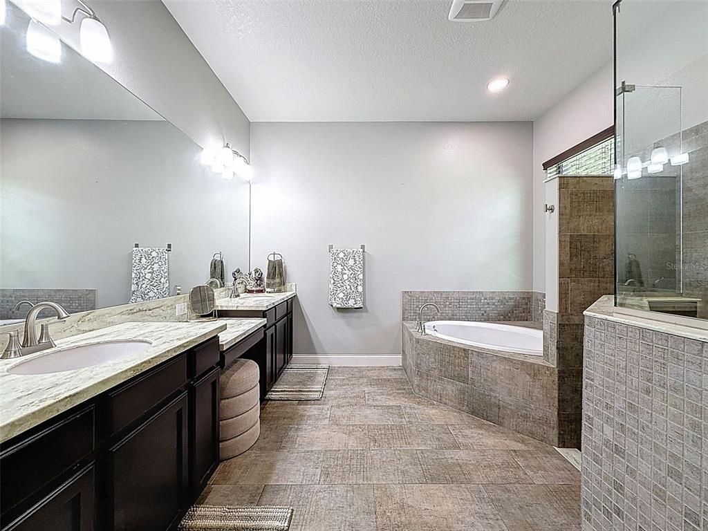 Bathroom, Dual Sink Vanities, Glass Shower, Interior, Recessed Lighting