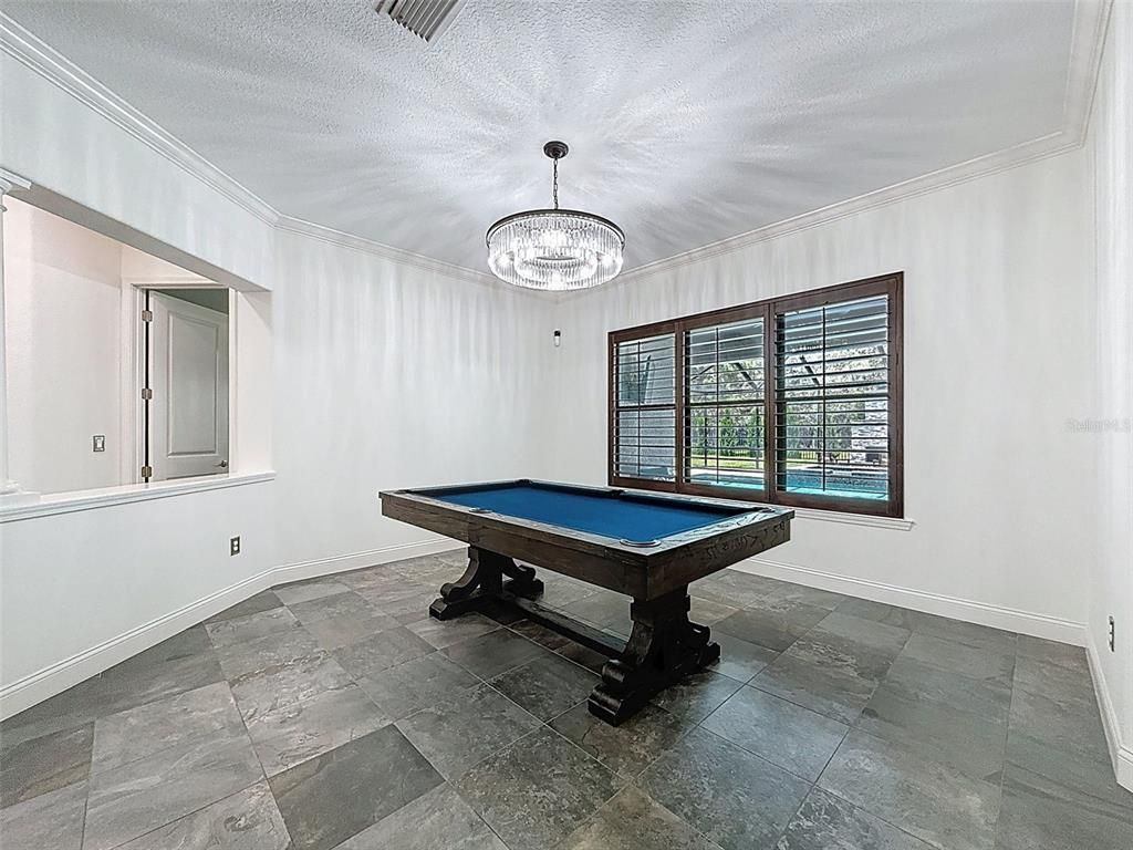 Billiard Table, Chandelier, Game Room, Interior, Pendant Lights