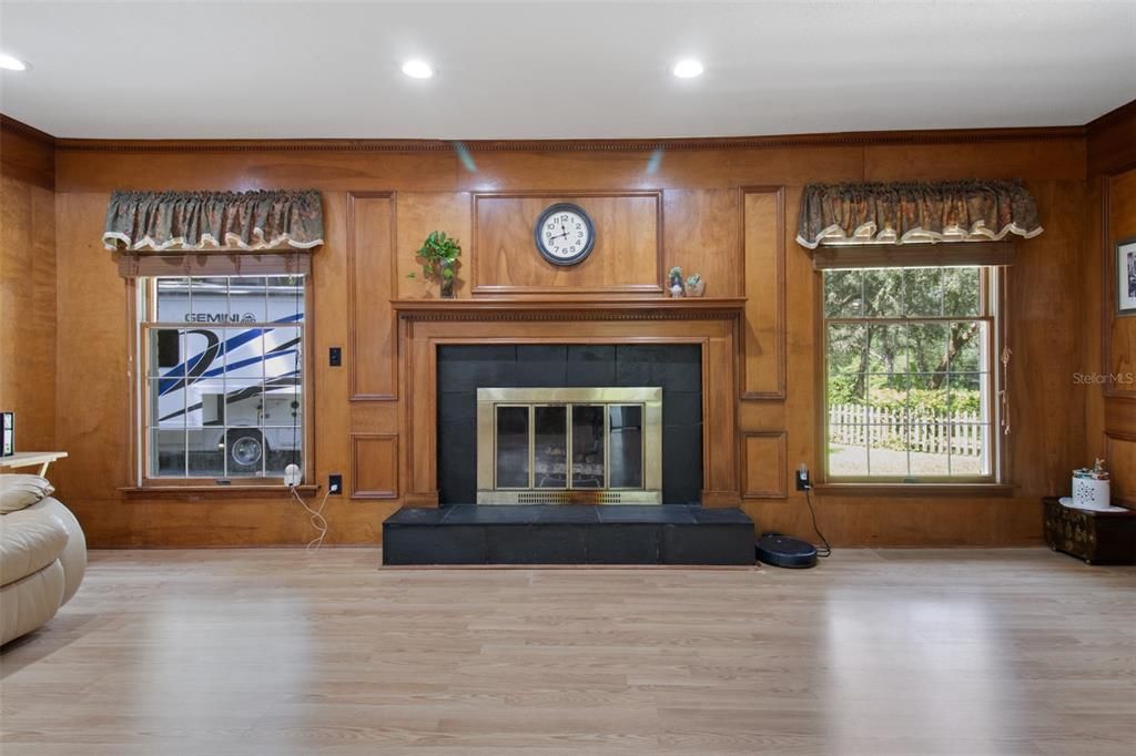 Fireplace, Interior, Recessed Lighting, Wood Texture Flooring, Wooden Walls