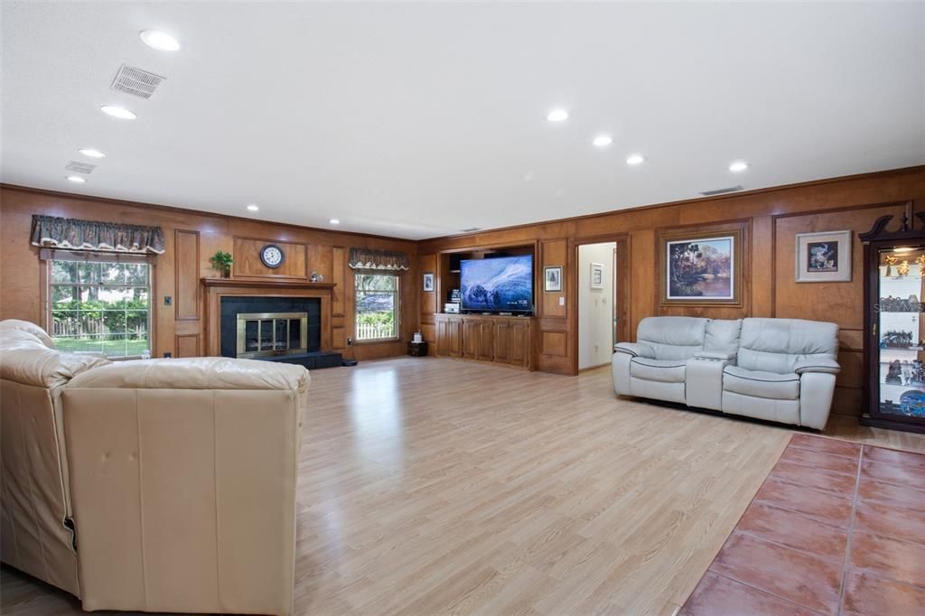 Fireplace, Interior, Living room, Recessed Lighting, Wood Texture Flooring, Wooden Walls