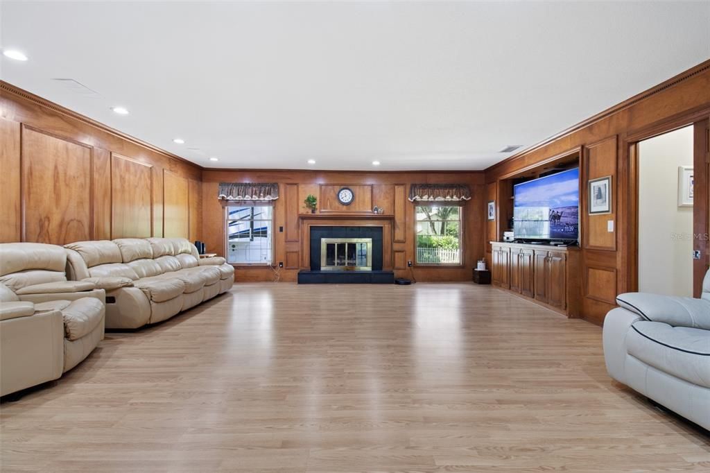 Fireplace, Interior, Living room, Recessed Lighting, Wood Texture Flooring, Wooden Walls