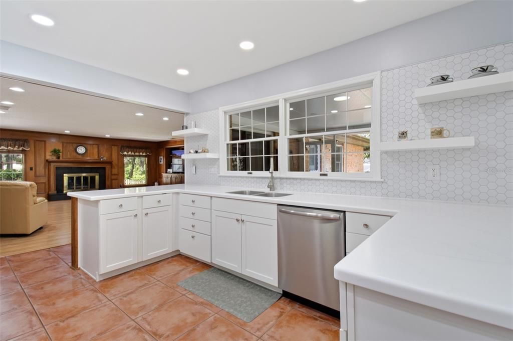 Fireplace, Interior, Kitchen, Recessed Lighting, Stainless Steel Appliances