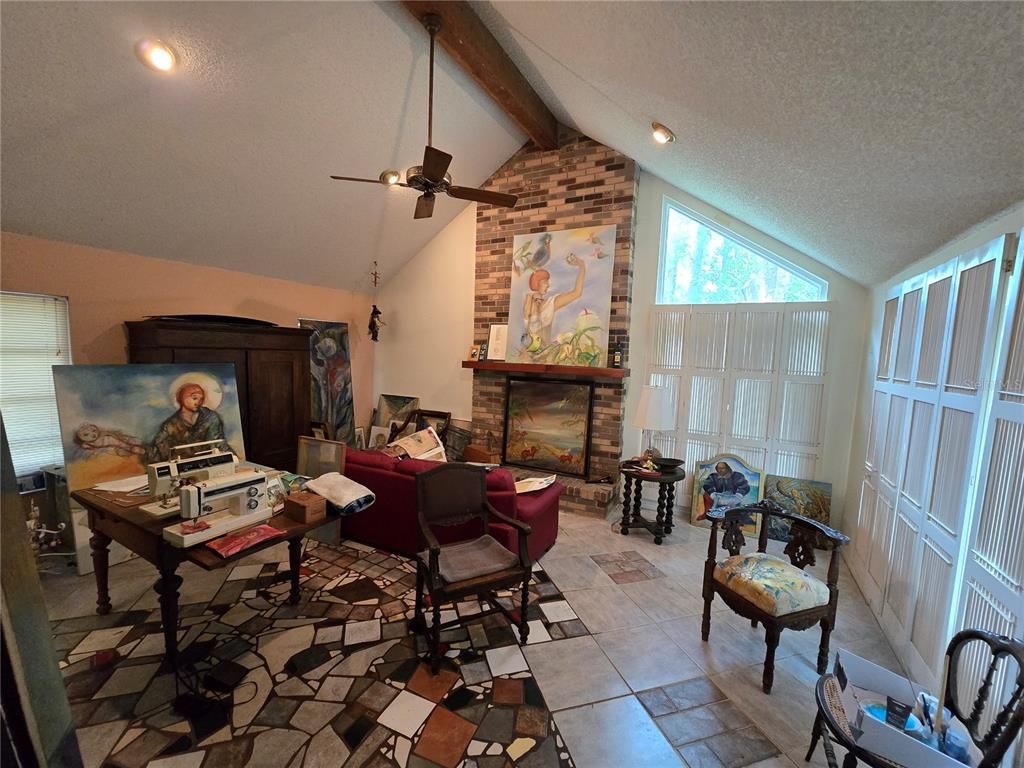 Fireplace, Interior, Living room, Recessed Lighting, Stone Walls, Wooden Beams