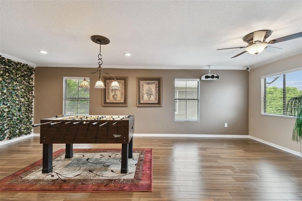 Game Room, Interior, Pendant Lights, Recessed Lighting, Wood Texture Flooring