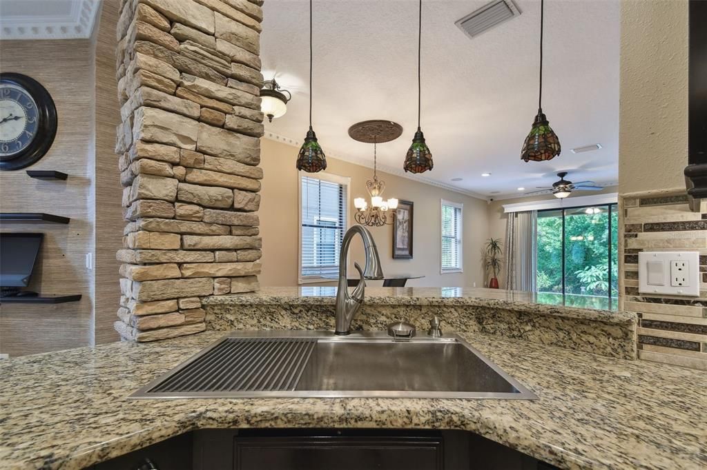 Interior, Kitchen, Pendant Lights, Recessed Lighting, Stone Walls