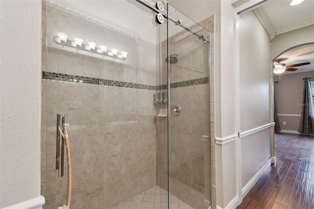 Bathroom, Glass Shower, Interior, Recessed Lighting, Wood Texture Flooring