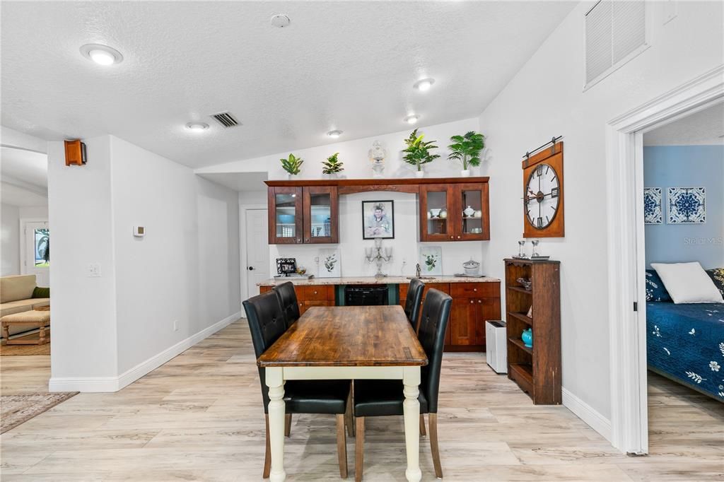 Dining room, Interior, Recessed Lighting, Wood Texture Flooring