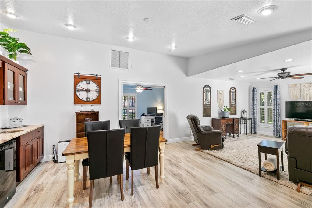 Dining room, Interior, Living room, Recessed Lighting, Wood Texture Flooring