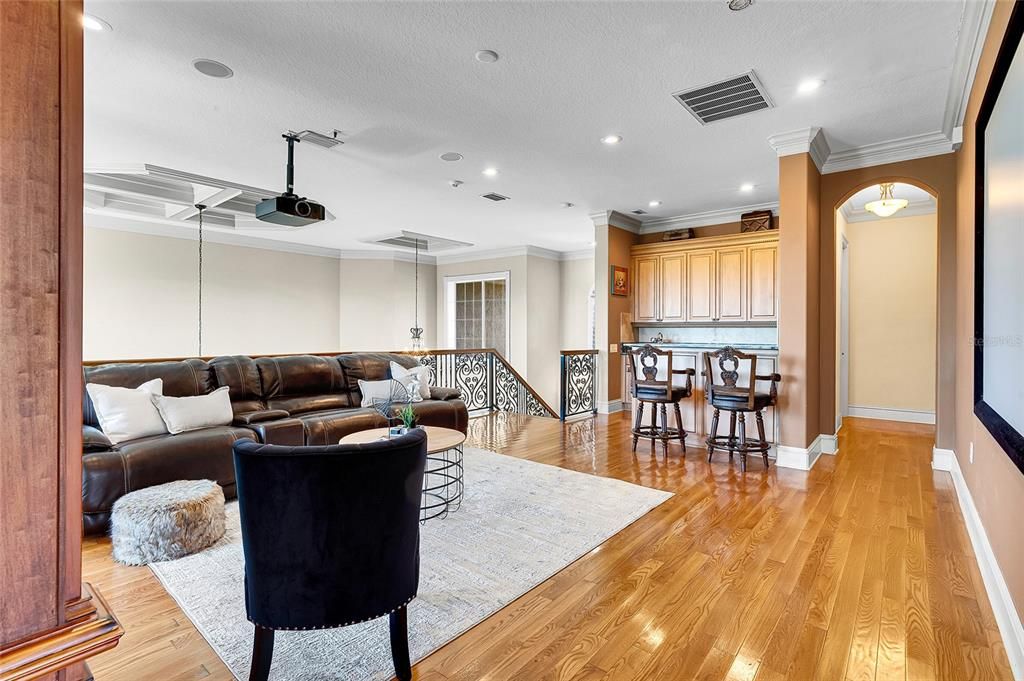 Interior, Living room, Projection Screen, Recessed Lighting, Wood Texture Flooring
