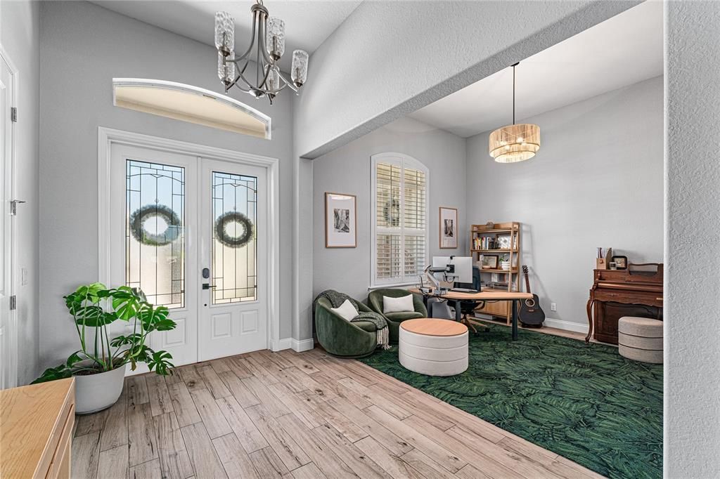 Chandelier, Home Office, Interior, Pendant Lights, Wood Texture Flooring