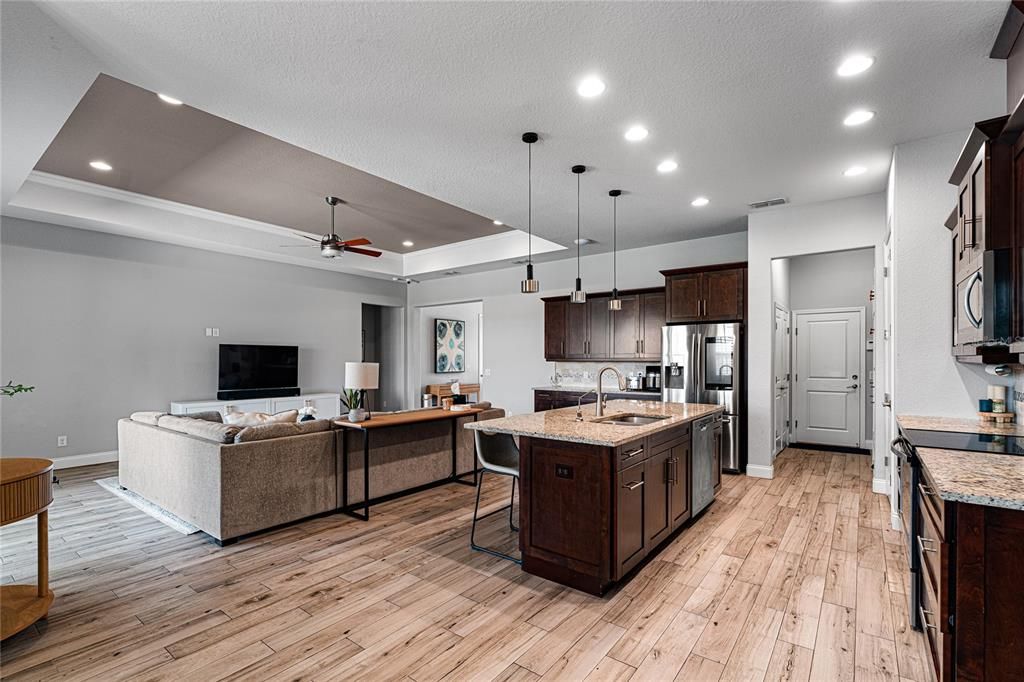 Interior, Kitchen, Living room, Pendant Lights, Recessed Lighting, Wood Texture Flooring