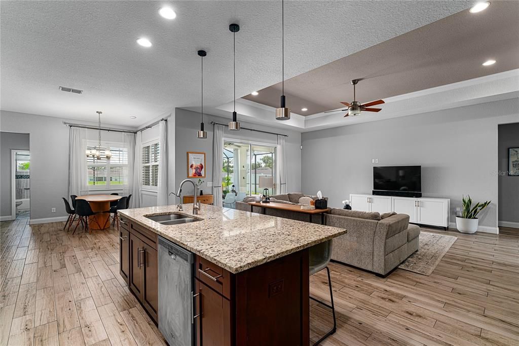 Dining room, Interior, Kitchen, Living room, Pendant Lights, Recessed Lighting, Wood Texture Flooring