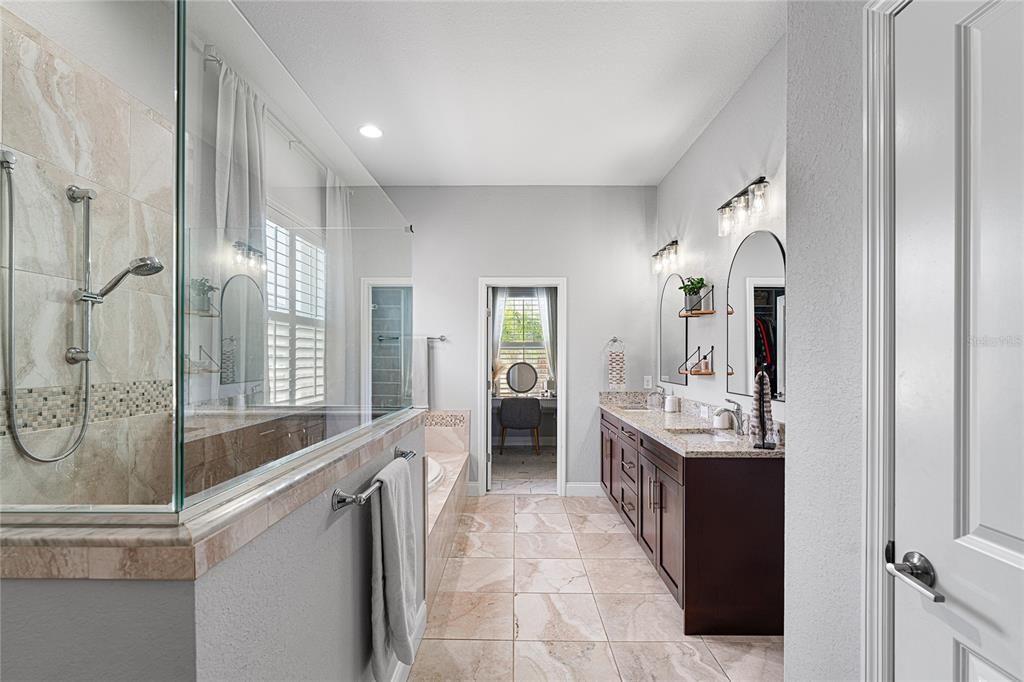Bathroom, Dual Sink Vanities, Glass Shower, Interior, Recessed Lighting