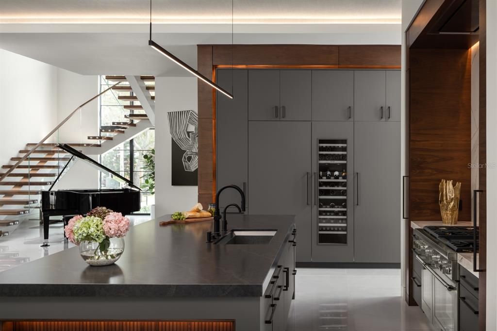 Interior, Kitchen, Pendant Lights, Piano, Stainless Steel Appliances