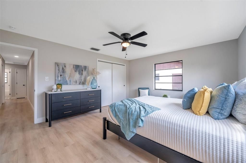Bedroom, Interior, Recessed Lighting, Wood Texture Flooring