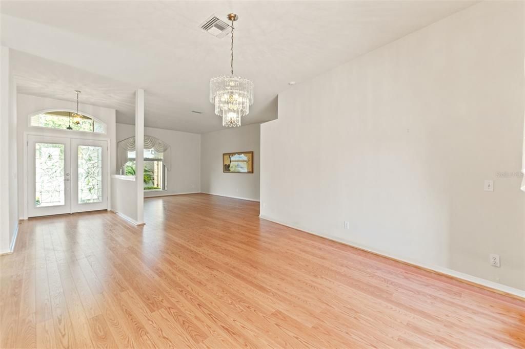 Chandelier, Empty room, Interior, Pendant Lights, Wood Texture Flooring