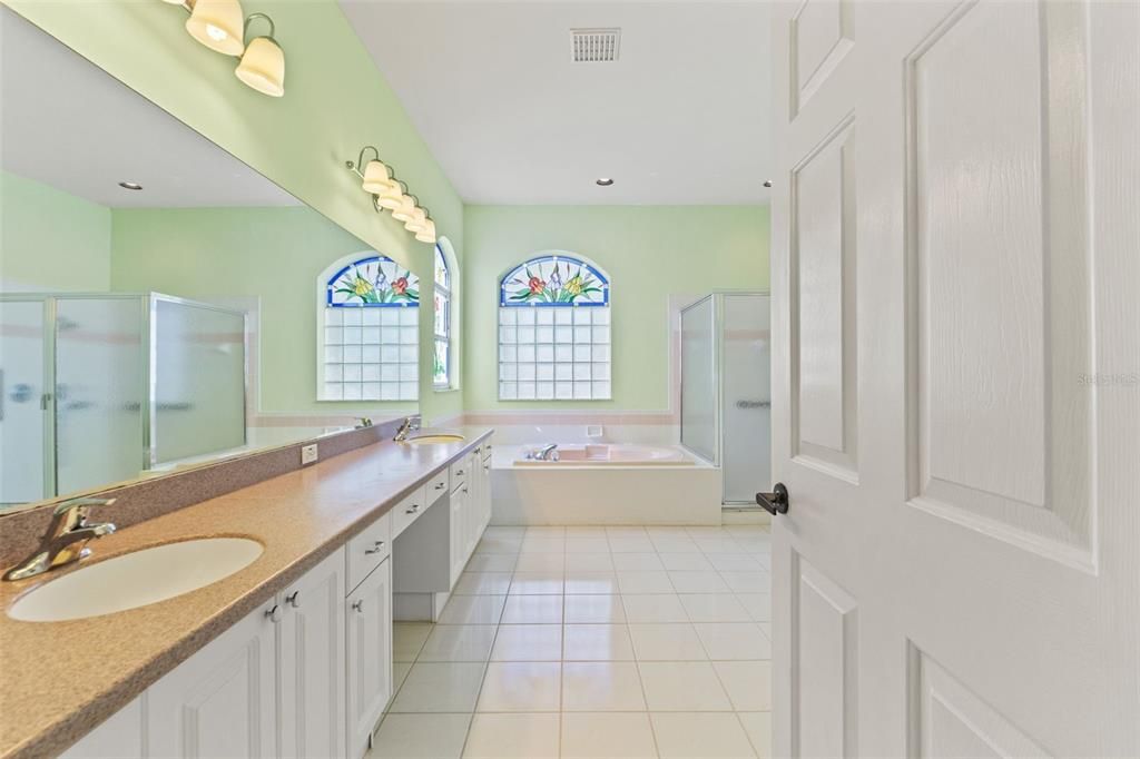 Bathroom, Dual Sink Vanities, Glass Shower, Interior, Recessed Lighting