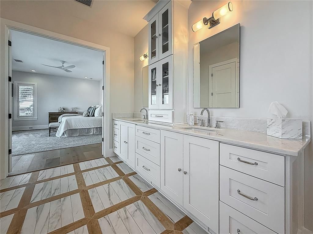 Bathroom, Bedroom, Dual Sink Vanities, Interior, Marble, Recessed Lighting