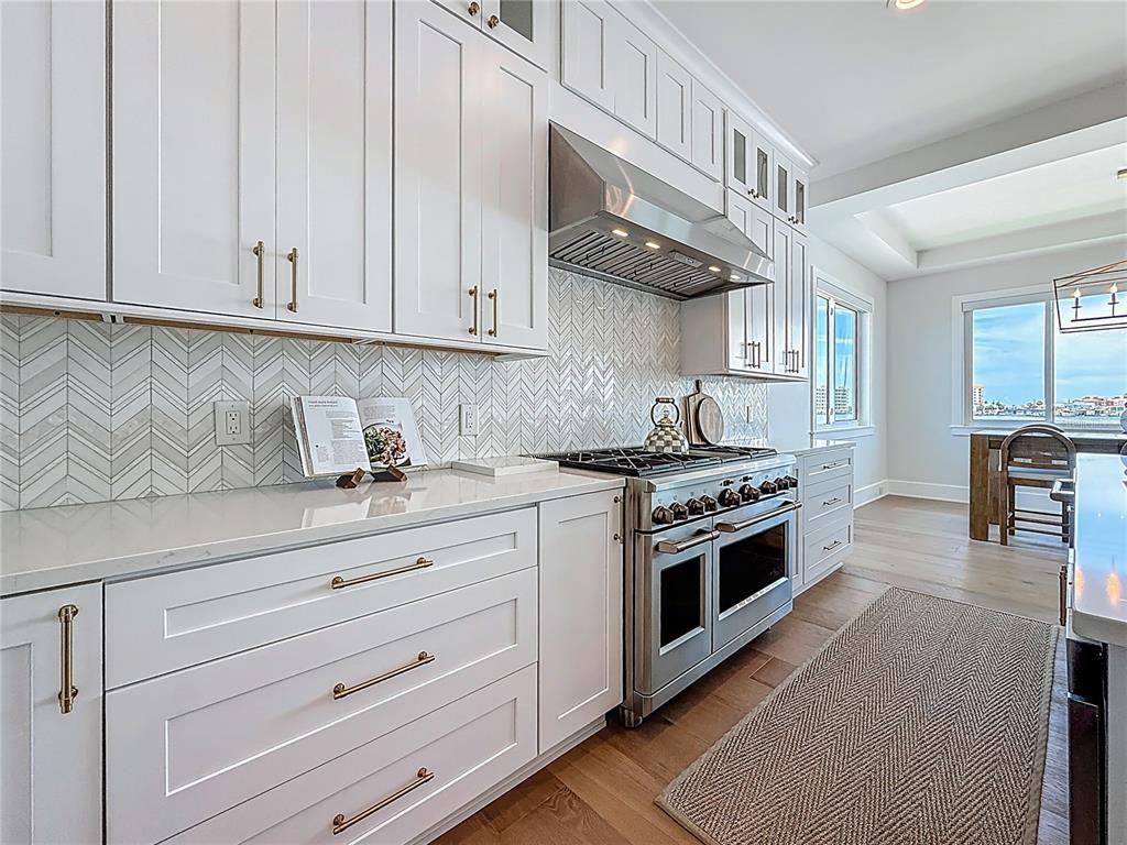 Interior, Kitchen, Recessed Lighting, Stainless Steel Appliances, Water, Wood Texture Flooring