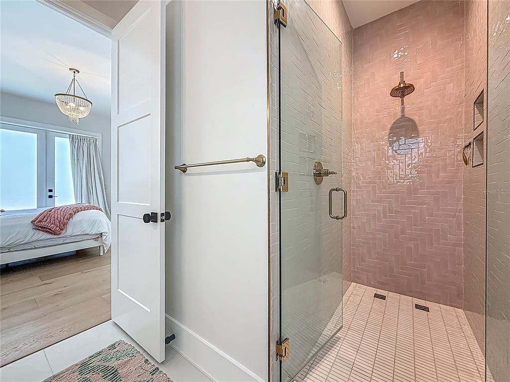 Bathroom, Bedroom, Chandelier, Glass Shower, Interior, Pendant Lights, Wood Texture Flooring