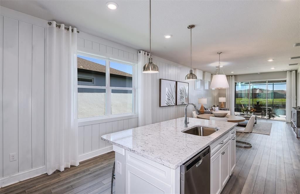 Dining room, Interior, Kitchen, Pendant Lights, Recessed Lighting, Stainless Steel Appliances, Wood Texture Flooring