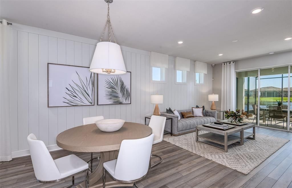 Dining room, Interior, Living room, Pendant Lights, Recessed Lighting, Wood Texture Flooring