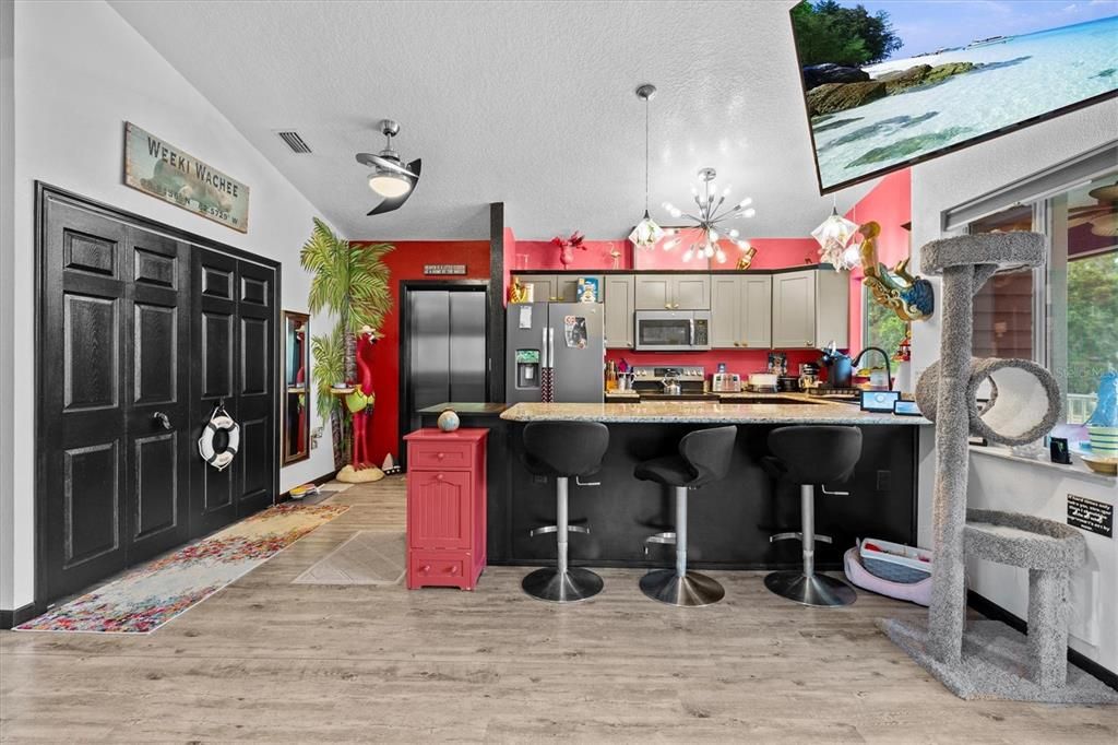 Interior, Kitchen, Pendant Lights, Stainless Steel Appliances, Wood Texture Flooring