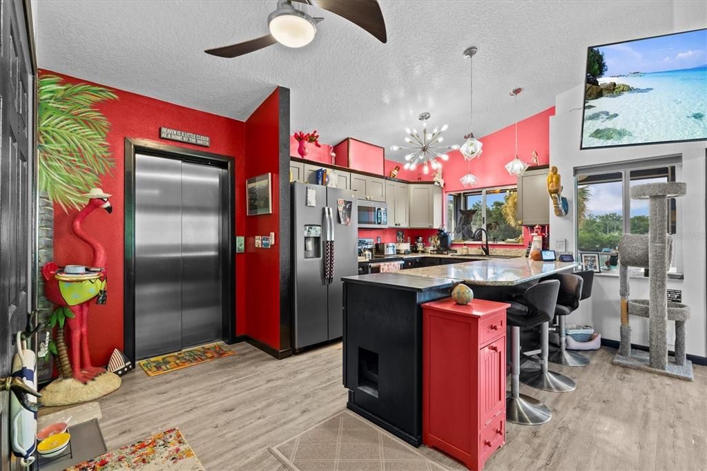 Interior, Kitchen, Pendant Lights, Stainless Steel Appliances, Wood Texture Flooring