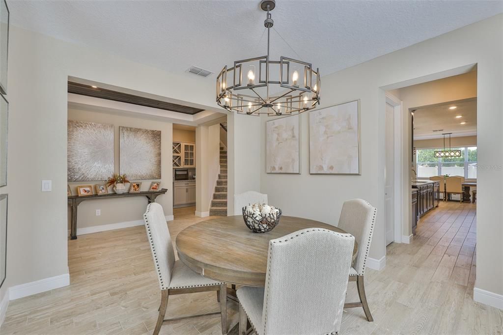 Chandelier, Dining room, Interior, Pendant Lights, Recessed Lighting, Wood Texture Flooring