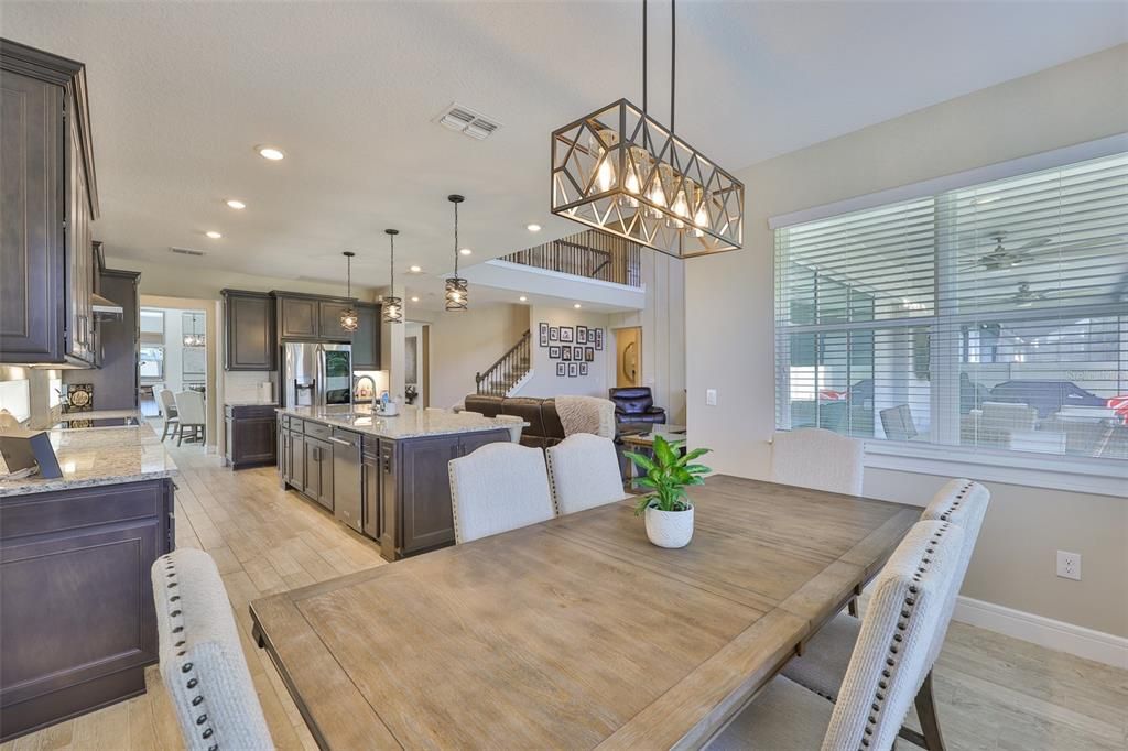 Chandelier, Dining room, Interior, Kitchen, Pendant Lights, Recessed Lighting, Wood Texture Flooring