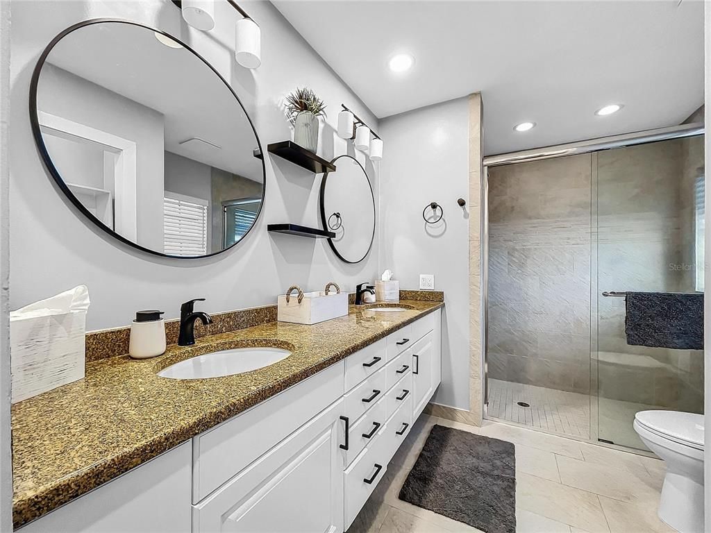 Bathroom, Dual Sink Vanities, Glass Shower, Interior, Recessed Lighting