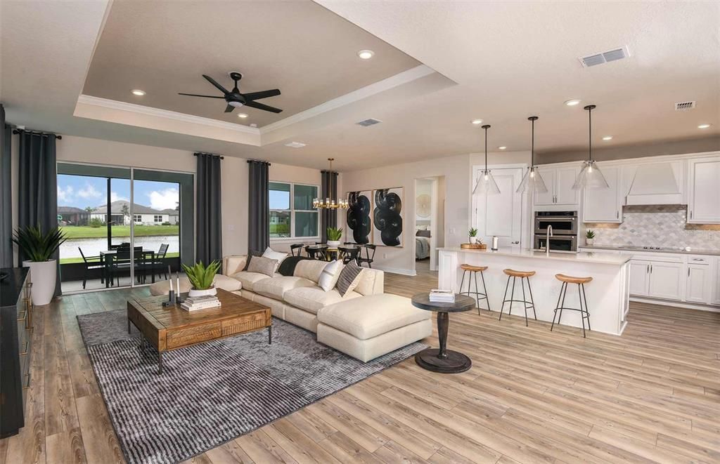 Dining room, Interior, Kitchen, Living room, Pendant Lights, Recessed Lighting, Stainless Steel Appliances, Wood Texture Flooring