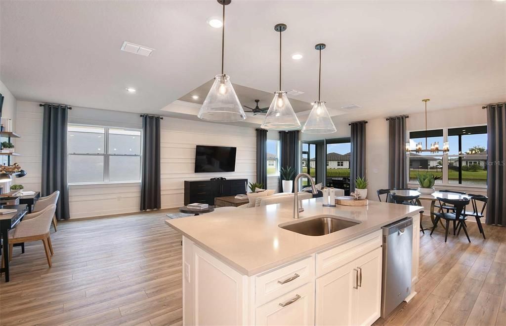 Dining room, Interior, Kitchen, Pendant Lights, Recessed Lighting, Wood Texture Flooring