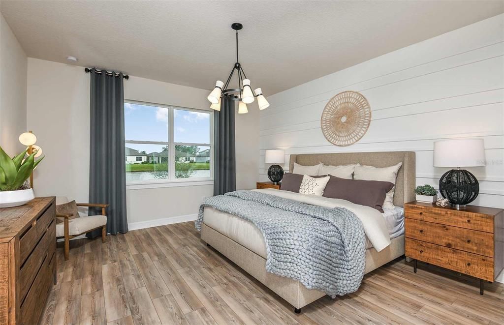 Bedroom, Interior, Pendant Lights, Wood Texture Flooring
