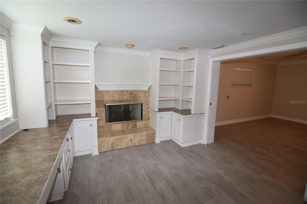 Empty room, Fireplace, Interior, Recessed Lighting, Wood Texture Flooring