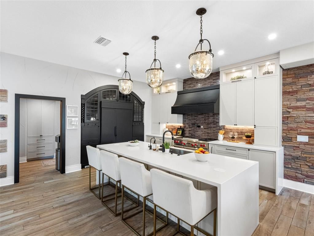 Interior, Kitchen, Pendant Lights, Recessed Lighting, Stone Walls, Wood Texture Flooring
