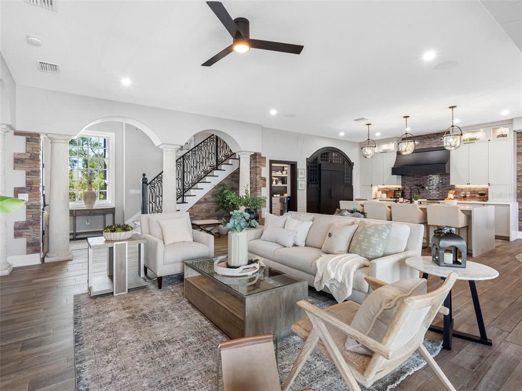 Dining room, Interior, Kitchen, Living room, Pendant Lights, Recessed Lighting, Wood Texture Flooring