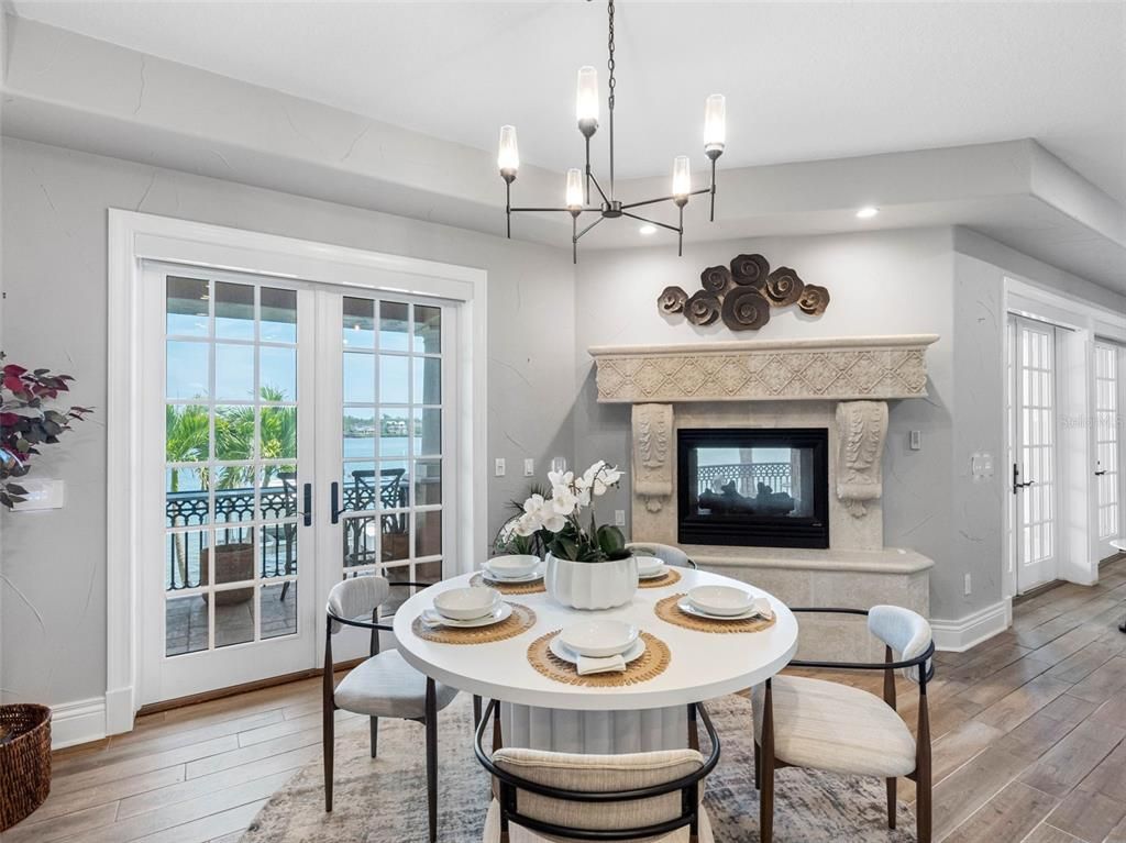 Chandelier, Dining room, Fireplace, Interior, Recessed Lighting, Wood Texture Flooring