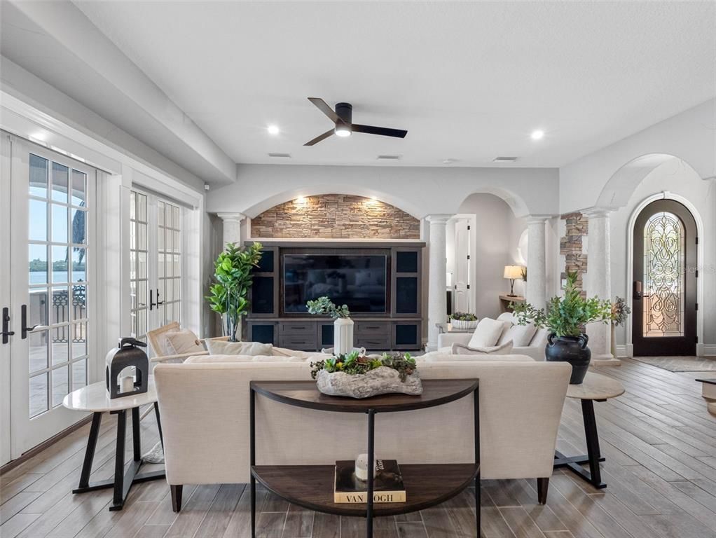 Interior, Living room, Recessed Lighting, Stone Walls, Wood Texture Flooring
