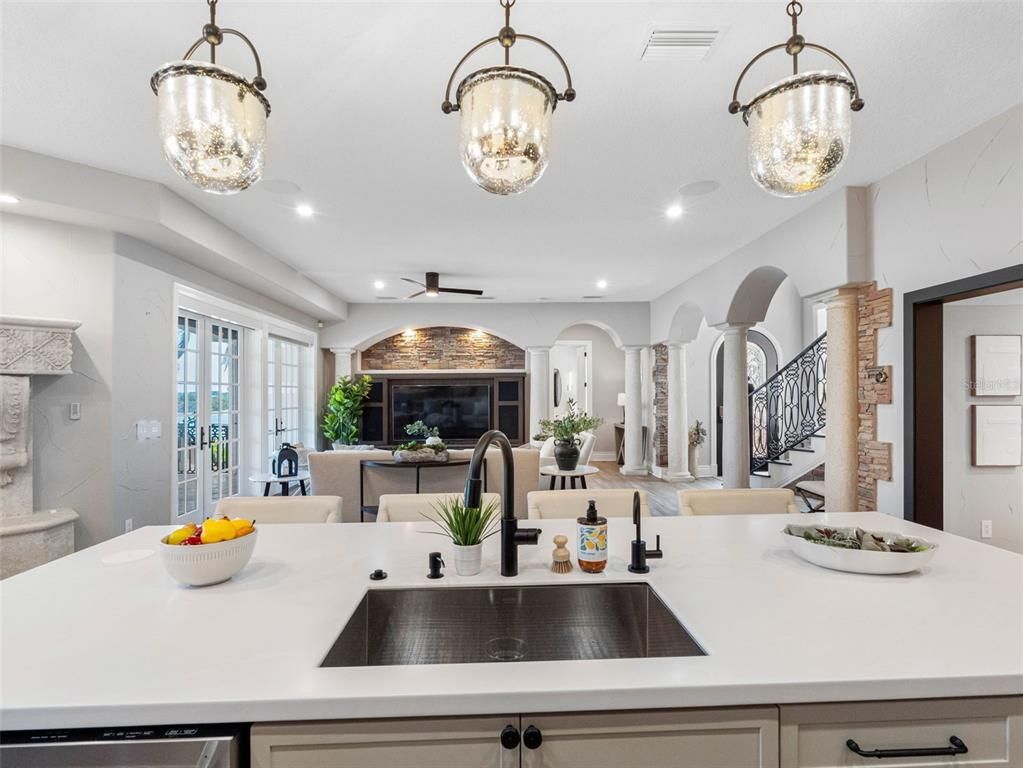 Dining room, Fireplace, Interior, Kitchen, Recessed Lighting