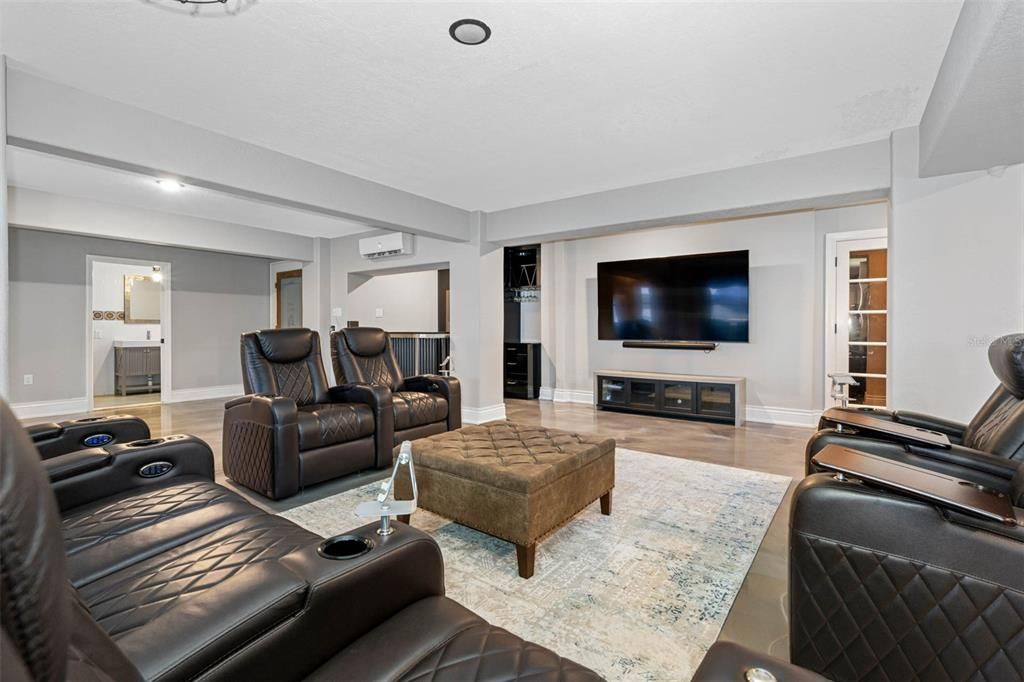 Home Theatre Room, Interior, Living room, Recessed Lighting, Theatre Room, Wood Texture Flooring