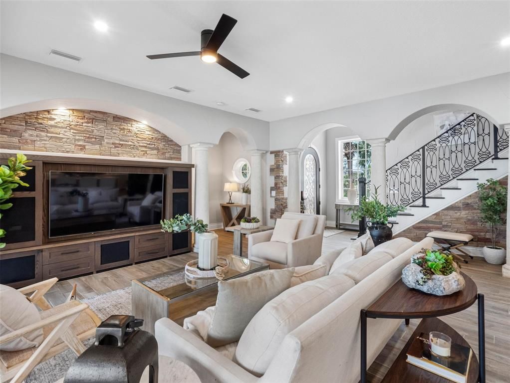 Interior, Living room, Recessed Lighting, Stone Walls, Wood Texture Flooring