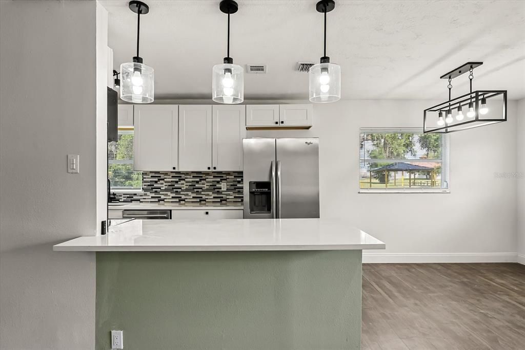Interior, Kitchen, Pendant Lights, Stainless Steel Appliances, Wood Texture Flooring