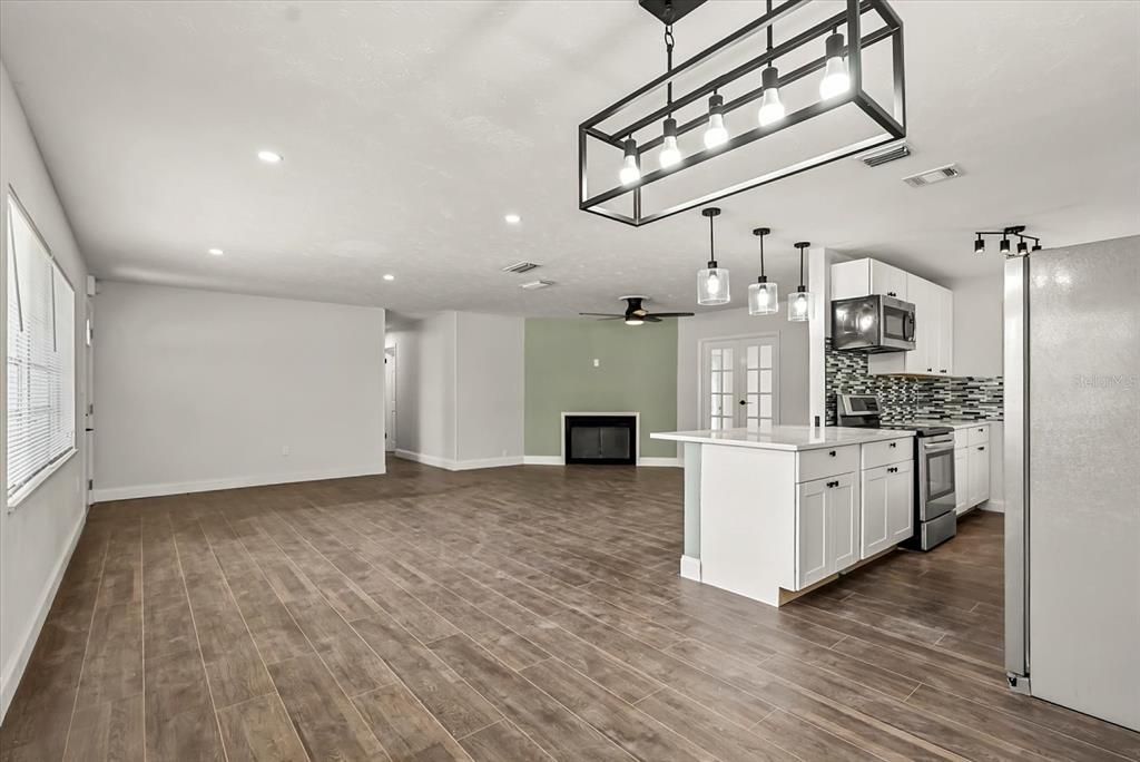 Interior, Kitchen, Pendant Lights, Recessed Lighting, Wood Texture Flooring